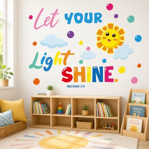 Cinrobiye Inspirational Quotes Wall Decals, Let Your Light Shine Classroom Wall Decor, Colorful Sun & Cloud Wall Stickers for Reading Corner, Playroom, Preschool, Daycare & Elementary Classroom