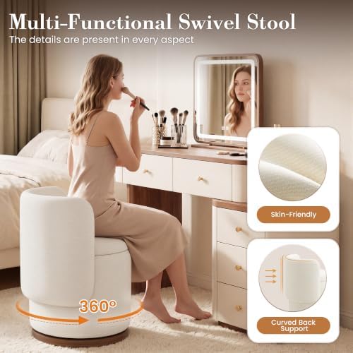Ottoman with Storage, Round Vanity Stool with Back