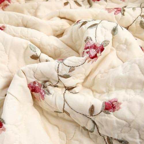 vctops 100% Cotton Quilted Throw Blanket 50x60 Inch Floral Embroidered Reversible Patchwork All Season Throw (Flower,50"x60")