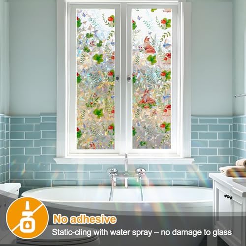 Countewol Privacy Window Films Stain Glass Cling No Glue Anti-UV Window Sticker for Bathroom Bedroom Living Room(Forest Rainbow 70.86" L*30.7" W)