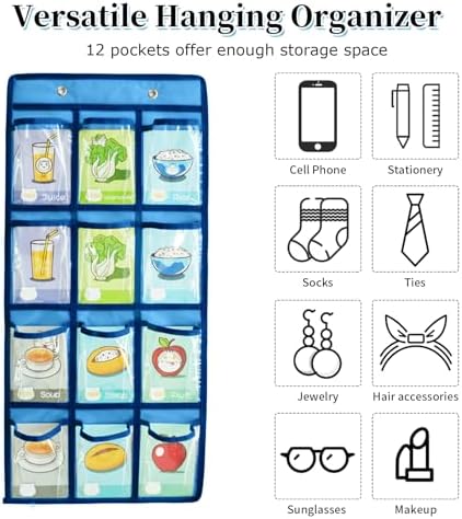 Over the Door Organizer Cell Phone Hanging Classroom Pocket Chart Wall Door Closet Hanging Organizer Durable Fabric Storage Bag, 12 Pockets (Blue)