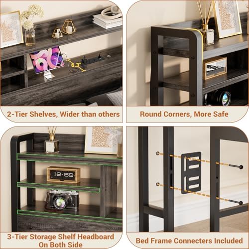 Aheaplus Headboard for Queen Size Bed with Storage, Black Oak