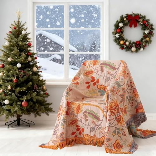Boho Throw Blanket for Bed 100% Cotton Bohemian Blankets Ultra Soft Woven Muslin Decorative Blankets All Seasons Vintage Quilt Knitted Blanket for Sofa Chair(Orange, 90"x98")