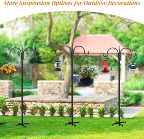 FEED GARDEN Heavy Duty Shepherds Hook 92" Double Hooks Adjustable (44/60/76/92") - Metal 5-Prong Base, 15lb Capacity - Easy Assembly Bird Feeder Pole for Hanging Planters, Lanterns, Wind Chimes