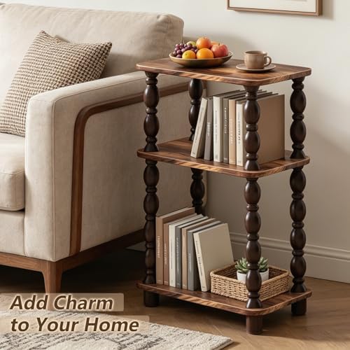 Narrow End Table, 3-Tier Side Table, Retro Couch Side Table for Small Spaces, Farmhouse End Table, Modern Accent Table, Skinny Bedside Table Nightstand for Bedroom, Living Room (Rustic Brown)