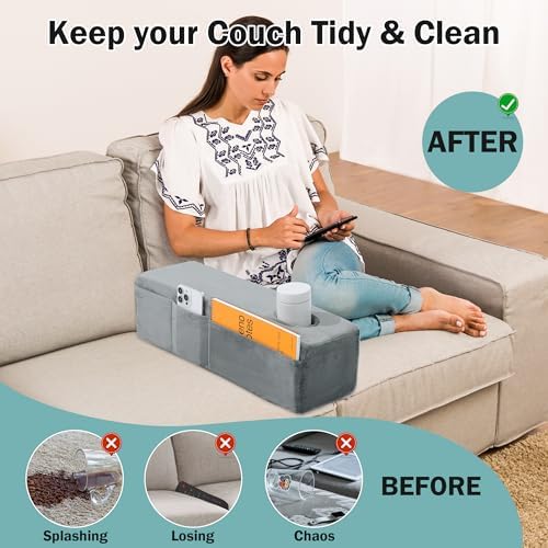 HOMBYS Removable Couch Armrest Pillow with Cup Holder and Side Pockets