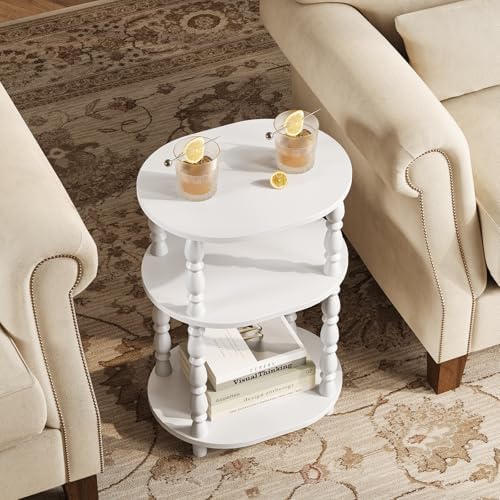Yoobure 3-Tier Small Side Table - Oval End Table with Vintage Spindle Legs, Accent Night Stand with Storage Shelf for Narrow Spaces, Wood Nightstand Bedside Table for Living Room, Bedroom, White
