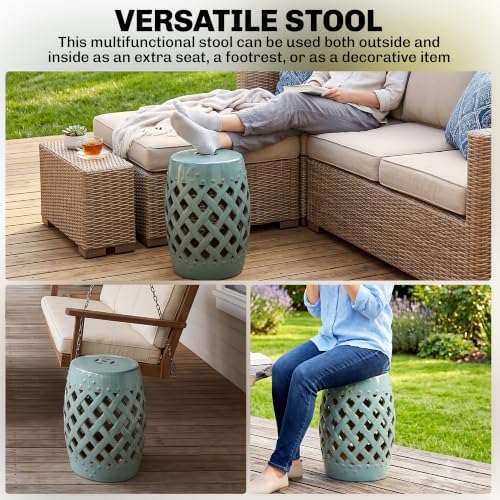 Outsunny 12.5" x 18" Ceramic Garden Stool Woven Lattice Design Antique Blue