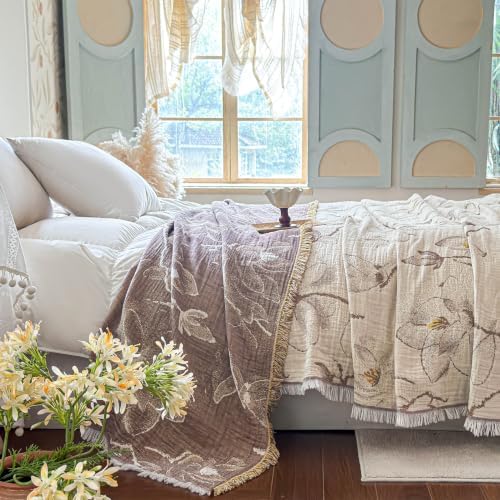 Simple&Opulence Cotton Muslin Blanket King Size 104"x90", Reversible Yarn-Dyed Vintage Khaki Floral Jacquard, 3-Layer Gauze with Tassels, Soft Lightweight Breathable All-Season Bedspread for Bed Couch