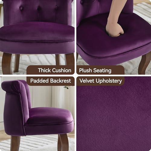WUTUTUEE Velvet Vanity Chair with Solid Wood Legs, Tufted Upholstered Vanity Stool with Back, Mid Century Small Makeup Accent Chair for Bedroom, Living Room, Purple