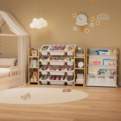 Toy Storage Organizer 12 Bins, 6 Shelves and Bookshelf for Kids, 4-in-1 Toy Organizers and Storage, Toy Book Storage for Kids, Kids Storage Organizer for Playroom, Bedroom, Nursery (Wood-Bookshelf)