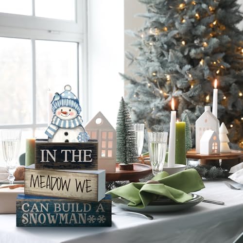 Yuntau 4 Pcs Winter Table Decoration Blue Snowman Decor Wooden Block Sign