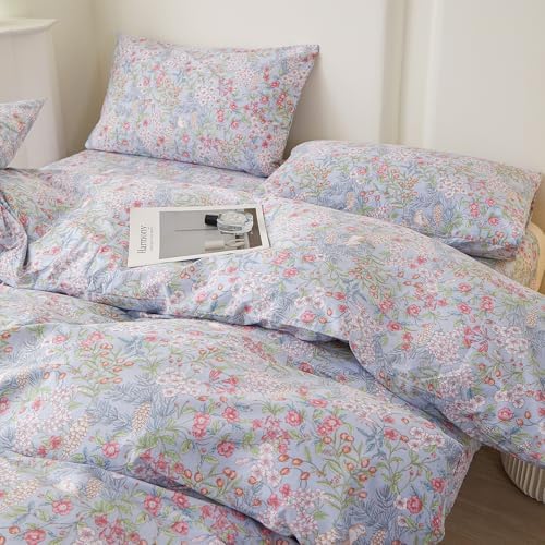 HighBuy Vintage Floral Cotton Duvet Cover Twin XL,Pink Botanical Floral Leaves Bedding Comforter Cover Set for Girl College,Cottagecore Comforter Cover with Zipper,Breathable,3 Piece