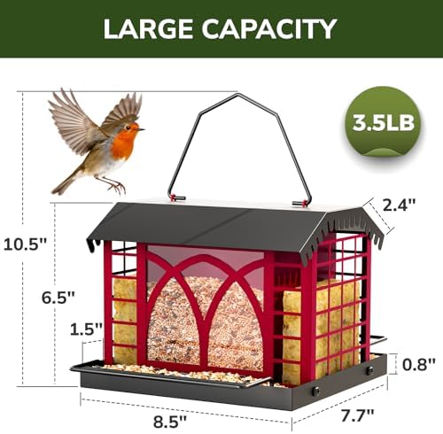 Bird Feeders for Outdoors Hanging, Metal Bird Feeder with Double Suet Cage Weatherproof Metal Roof, 3.5Lbs Large Capacity Great for Attracting Finch Cardinal Chickadee Wild Birds, Berry Red