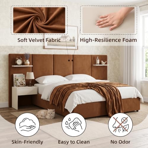 Queen Size Bed Frame with Storage & Built-in Nightstands & Drawers, Ocher