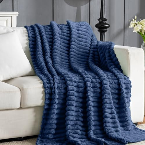 Wider Striped 380gsm Navy Throw Blanket for Couch Super Soft Cozy Blankets for Women Fuzzy Fleece White Blanket for Bed Sofa 50x60