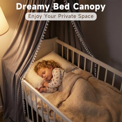 LOAOL Bed Canopy with Pom Pom Kids Reading Nook Hanging Tent (Gray)