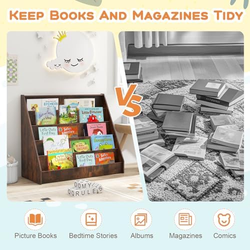 Costzon 5-Tier Kids Bookshelf, Wooden Children Bookcase, Toddler Book Rack, Magazine Storage & Display Shelf, Book Shelf for Kids Room, Living Room, Nursery, Classroom (Brown)