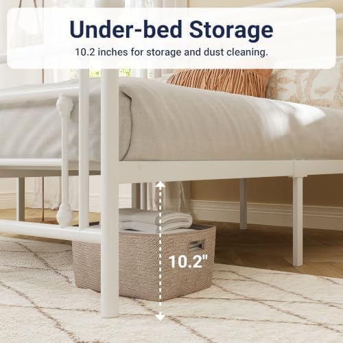 Allewie Queen Size Metal Platform Bed Frame, Victorian Headboard, White