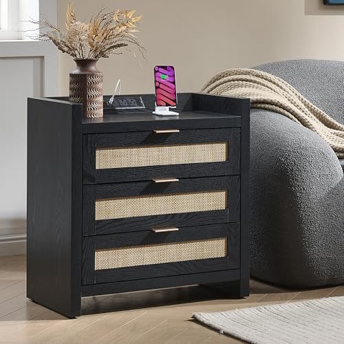 SICOTAS Rattan Nightstand Larger Bedside Table with 3 Drawers