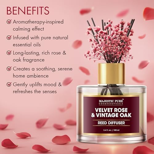 Majestic Pure Velvet Rose & Vintage Oak Reed Diffuser 3.4 fl oz | Elegant Floral Woody Fragrance for Home and Office
