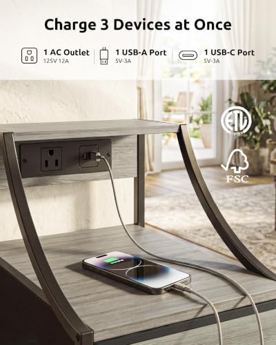 Lazzanto Narrow Nightstand with Charging Station for Bedroom, Dorm