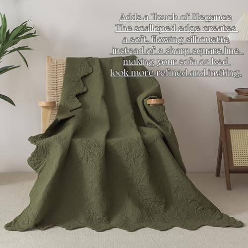 Brandream Olive Green Scalloped Quilt Cotton 47 X 60 Inch Quilted Throw Blanket for Bed Couch Daybed Decorative Throw Blankets