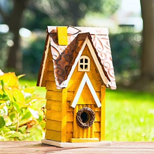 Glitzhome Bird Houses for Outside, 12" H Solid Wood Blue Bird House, Yellow Distressed Cottage Bird Nesting Box Decorative Birdhouse Hanging Bird House for Outdoors, Finch Swallow Wren Chickadee
