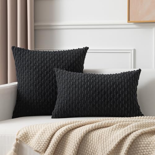 Kevin Textile Soft Corduroy 16x16 Inch Pillow Covers 2 Pack, Black