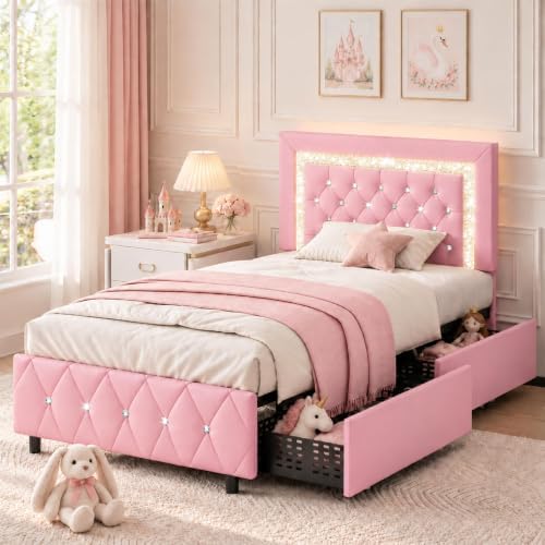 BarnFurin Twin Bed Frame with LED Lights and Diamond Tufted Headboard,Pink