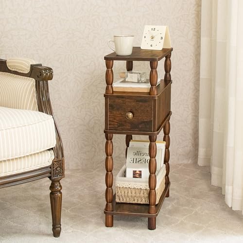 MaxSmeo Narrow Nightstand with Drawer, Narrow End Table with Storage, Skinny Small Side Table Living Room for Small Spaces, Bedroom (Rustic Brown)