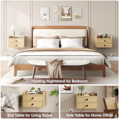 Floating Nightstand Set of 2 with 2 Storage Drawers and Charging Station