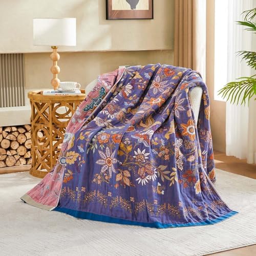 XIBLC Boho Blanket, 100% Cotton Farmhouse Decorative Throw Blanket, 90"x98" Reversible Bohemian Throw Blanket, Purple All Season Muslin Breathable Woven Blankets Quilt
