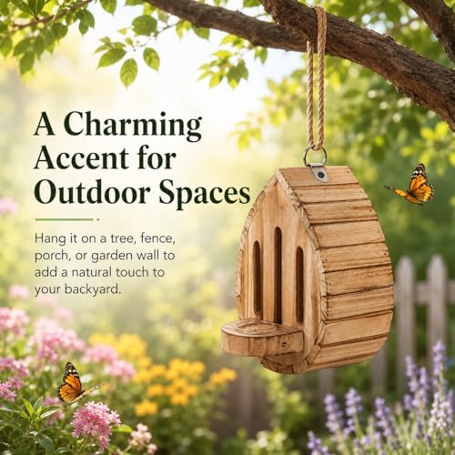 Wooden Butterfly House and Feeder for Outdoors, Natural Butterfly Habitat Nesting Box, Hanging Bug Hotel Garden Decoration for Butterflies, Bees, Moths