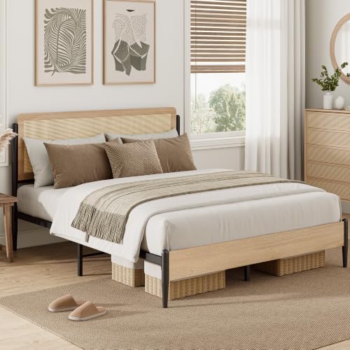 LIKIMIO Natural Rattan Queen Bed Frame with Wooden Headboard