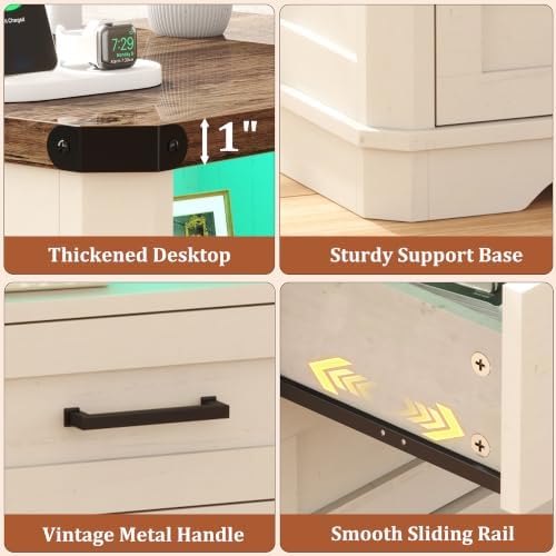 Yusong 23.62" Tall Night Stand, LED Nightstand with Charging Station, Modern Night Stand, Wood Sofa Couch End Side Table with 2 Pull-Out Shelf, White