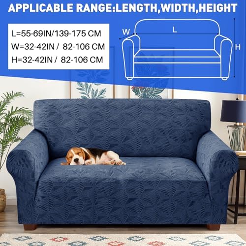 YEMYHOM 1 Piece Stretch Couch Covers for 2 Cushion Couch, Jacquard Loveseat Cover with Non-Slip Elastic Bottom, Thickened Slipcover Furniture Protector for Dogs Pets (Medium, Navy）