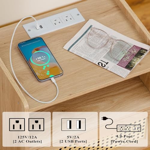 Lerliuo Rattan Nightstands Set of 2 with Charging Station, Boho Night Stand