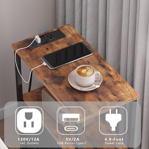 TUTOTAK Narrow End Table, Skinny Side Table with Charging Station
