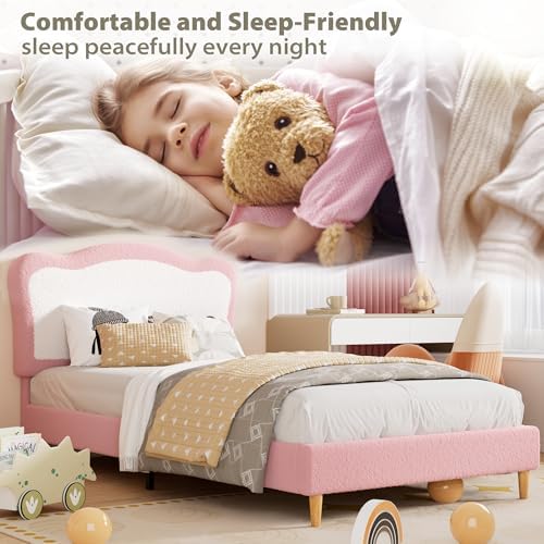 Garvee Full Bed Frames for Kids with Soft headboard, Velvet Low Bed Frame for Girls, Boys, No Box Spring Needed, Wooden Slats, Noise Free, Sturdy, Easy Assembly, Pink, White