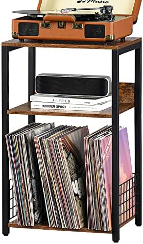 LELELINKY 3 Tier End Table,Record Player Stand with Storage Up to 100 Albums,Turntable Stand for Vinyl,Brown Records Shelf for Living Room Bedroom