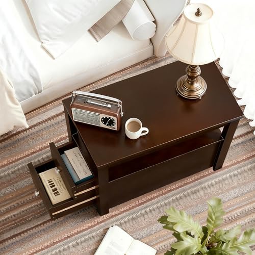 ZENY Narrow End Table Set of 2 Side Table with Drawer and Open Shelf Sofa Table for Living Room Bedroom, Small Table for Bedside, Couch, Espresso