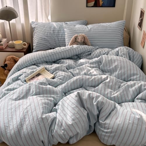 Blue & Brown Striped Duvet Cover Twin Size 3Pcs Washed Cotton Retro Bedding