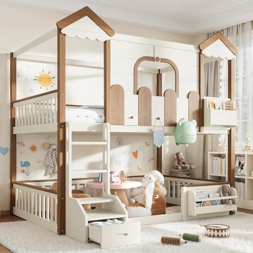 Full Over Full Size House-Shaped Wooden Bunk Bed Frame with Storage Bookshelf & Drawer & Roof & Windows, Detachable Design Bunk Bed, No Box Spring Required, Easy Assembly, for Bedroom, Beige