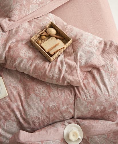 Jacquard Floral Duvet Cover Set King,Yarn-Dyed Cotton Blush Pink Flower Duvet Cover Bordered,Vintage Garden Style Bedding Set King Size 3 Pieces