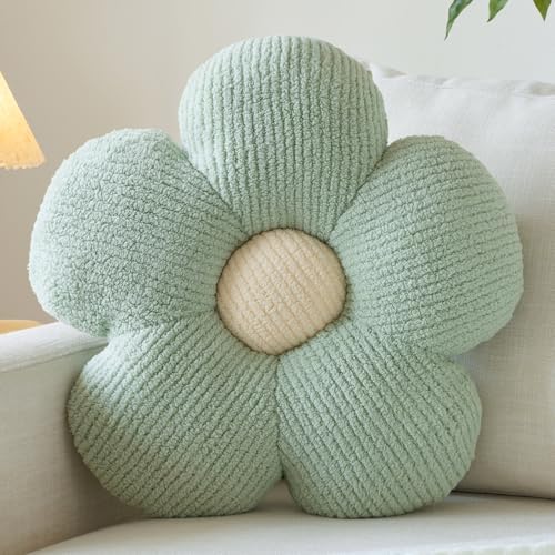 Flower Pillow, Decorative Throw Pillow for Couch, Cute Decor Pillows for Bed, Aesthetic Flower Shaped Pillow Fun Cushion (Green, 19.6 Inches)