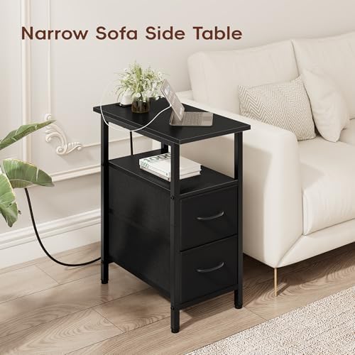 Vagusicc End Table with Charging Station Set of 2, Narrow Side Table, 23.8'' Tall Nightstand with 2 Drawers, Small Sofa Side Table Narrow Nightstand for Small Spaces, Living Room, Bedroom, Black