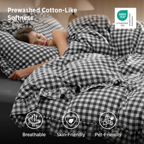 Bedsure Gingham Ruffle Duvet Cover Set, King Cotton-Like Quilt Cover, Black