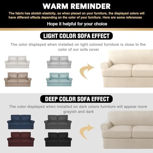 PrinceDeco T Cushion Loveseat Slipcover 3 Pieces Sofa Covers for T Cushion Sofa Stretch Slip Covers for 2 Cushion Couch with 2 Individual T Shape Seat Covers Width Up to 76"- Washable, Natural