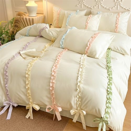 Colorful Striped Ruffled Bedding with Cute Bow,Chic Ruffle Romantic Queen Duvet, Coquette Aesthetic Style 3 piece Duvet Cover Set-1Queen Duvet Cover with 2 Pillowcases, No Comforter
